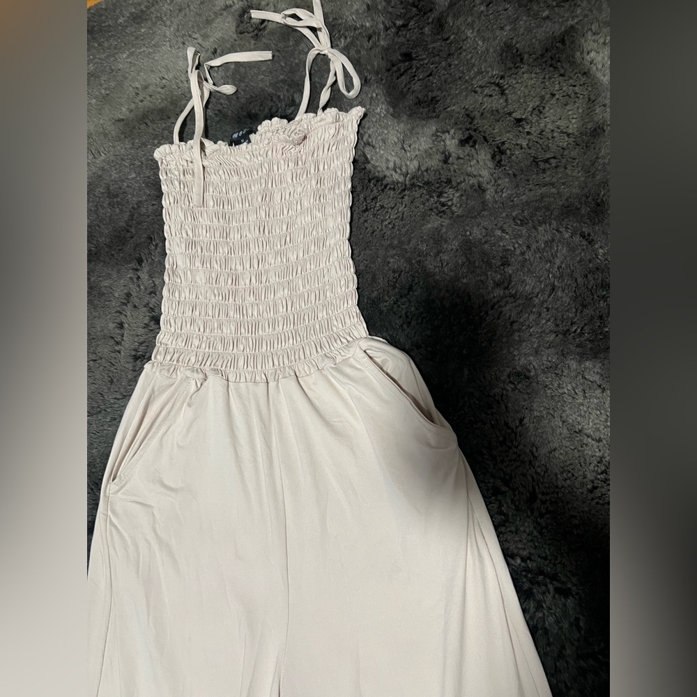 Cream Smocked Wide Leg Jumpsuit Size M
